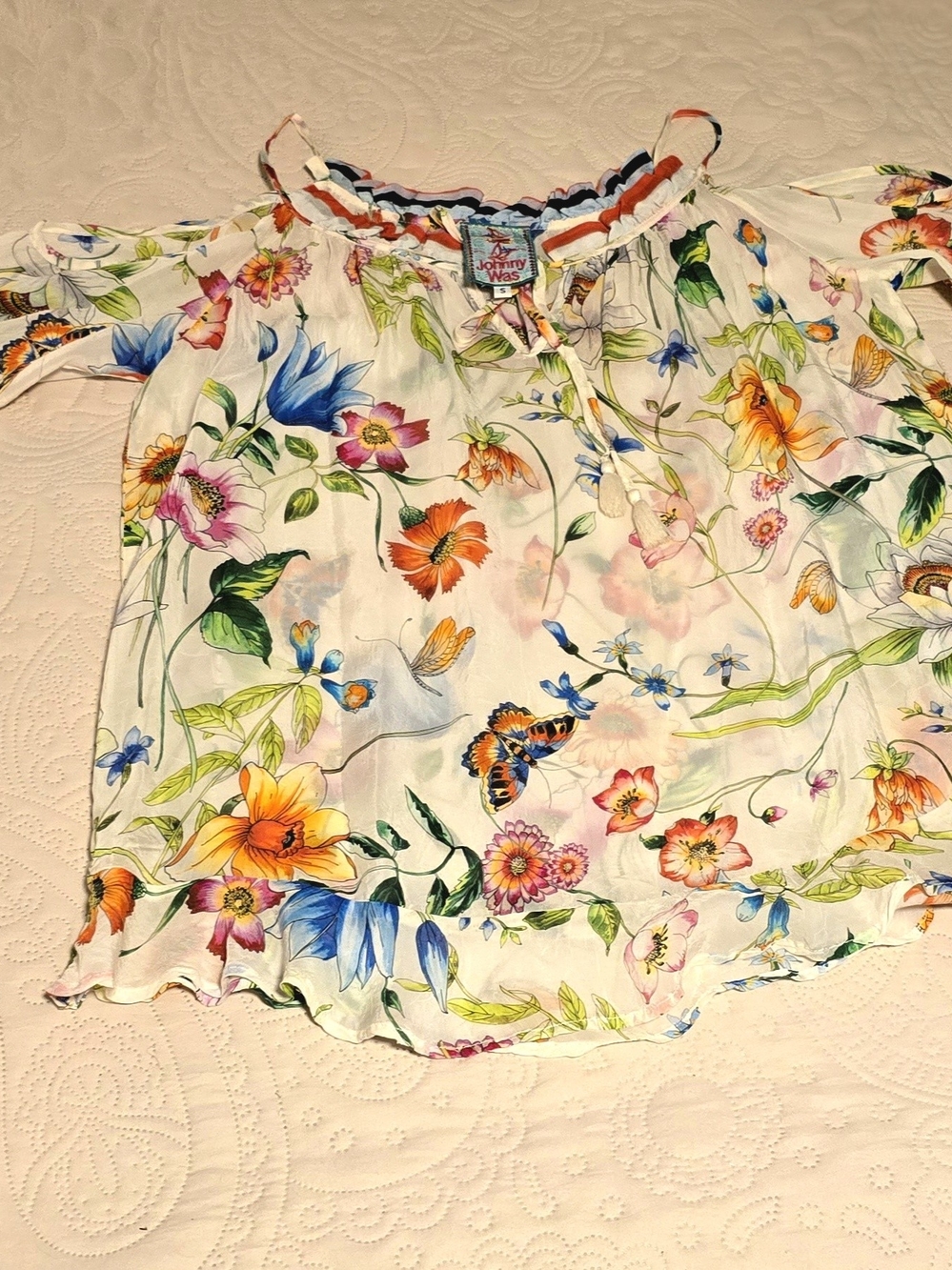 Johnny Was White Floral Off-Shoulder Blouse with Multicolor Blooms